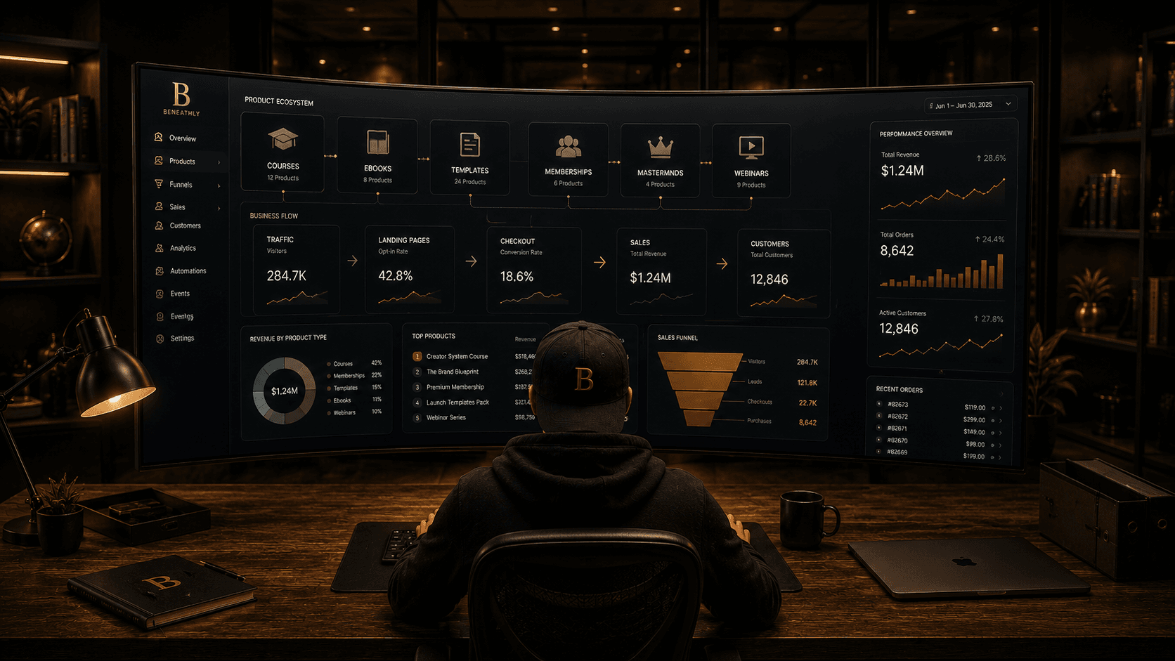 A Beneathly operator viewing the connected product ecosystem behind a creator's business