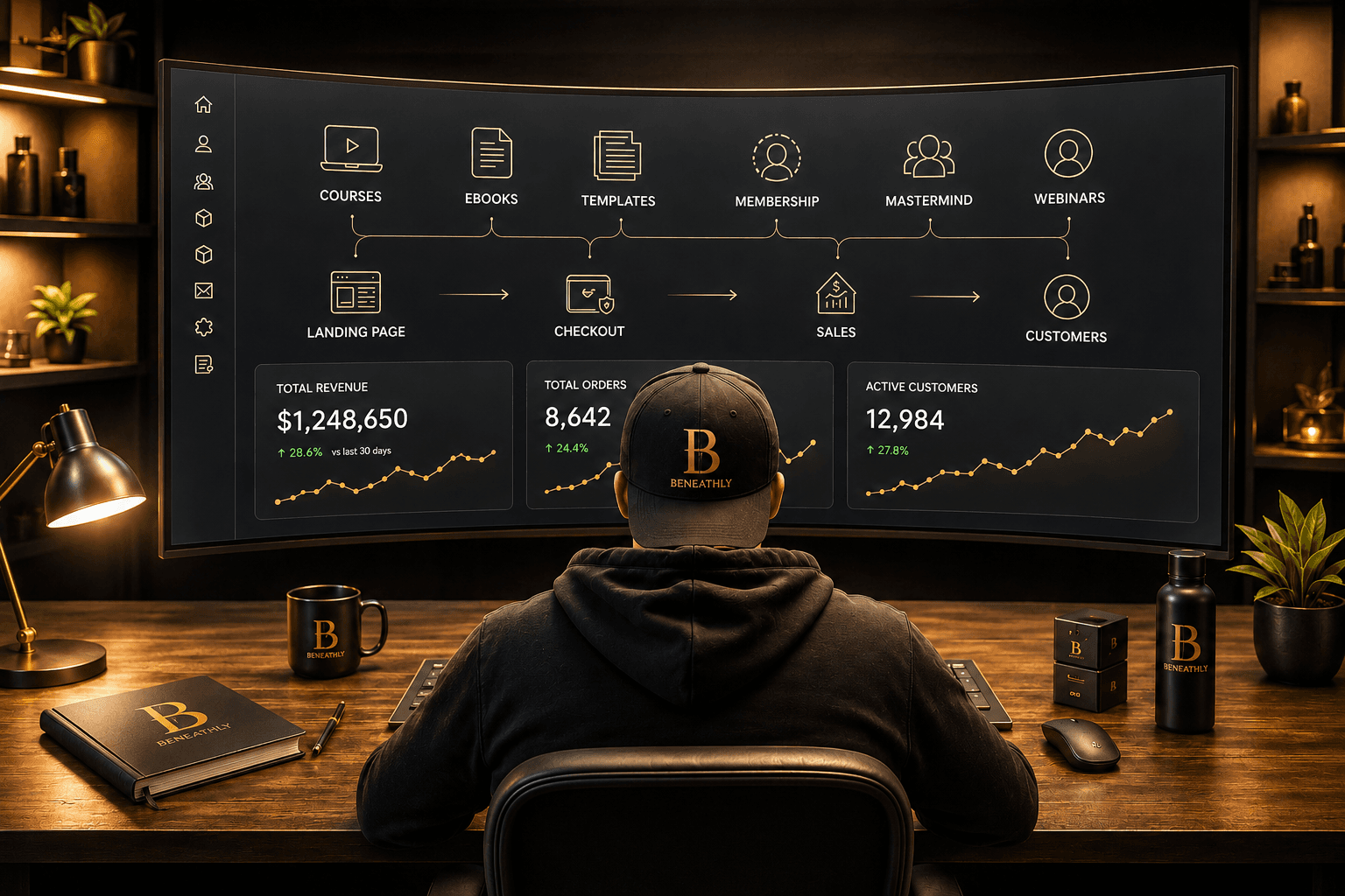 A Beneathly operator viewing a dashboard mapping products to landing page, checkout, sales and customers
