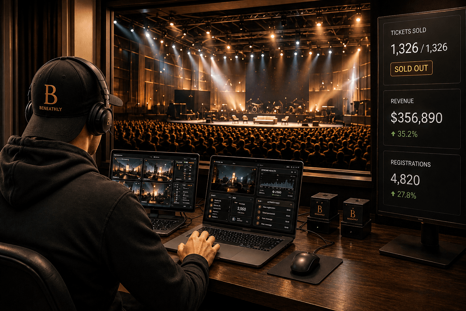 A Beneathly operator managing live event dashboards in front of a sold-out concert crowd