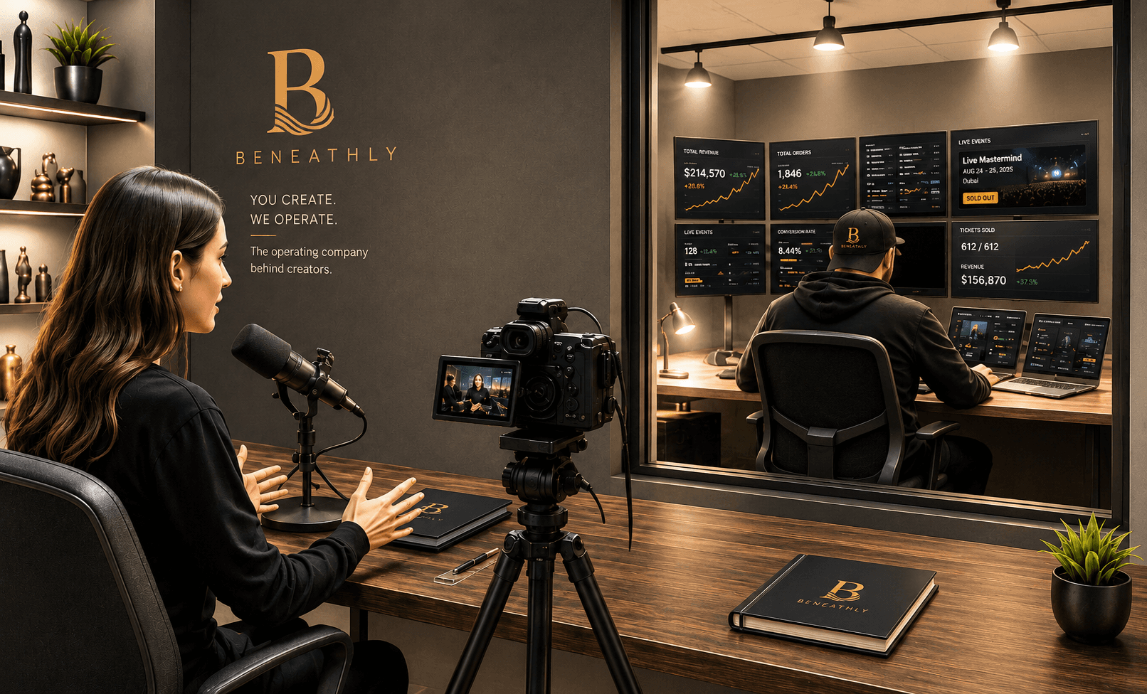 A creator recording a podcast in the foreground while a Beneathly operator manages live dashboards behind glass
