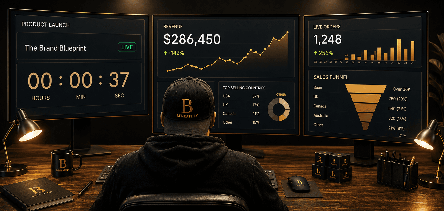 A Beneathly operator monitoring live launch dashboards across three monitors — revenue, live orders and sales funnel