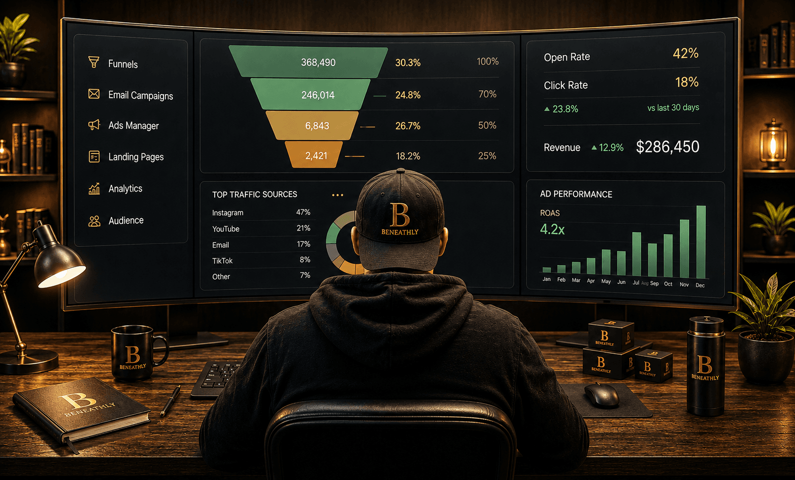 A Beneathly operator reviewing funnel, open rate, click rate, revenue and ROAS dashboards