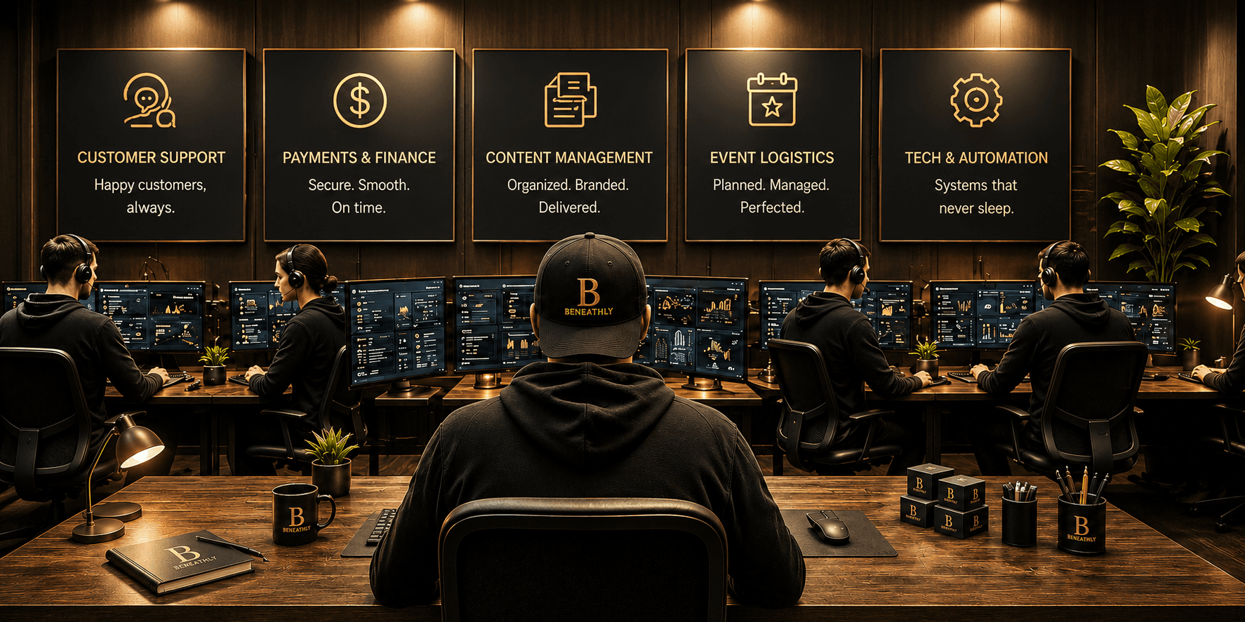 A Beneathly operations room — five operators at dashboards under panels for customer support, payments, content, events and automation